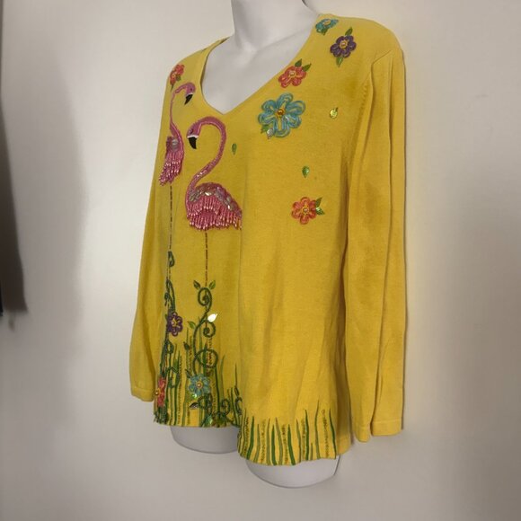 Vintage Jack B. Quick Flamingo Sweater | 90s Novelty Knit | Beaded | Size L - Picture 5 of 10
